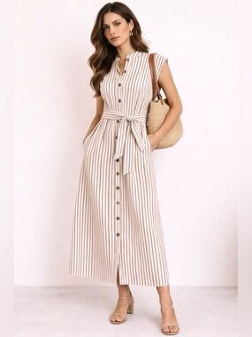 Quiet Luxury Striped Belted Maxi Shirt Dress Cotton Italy Humility Sz 4